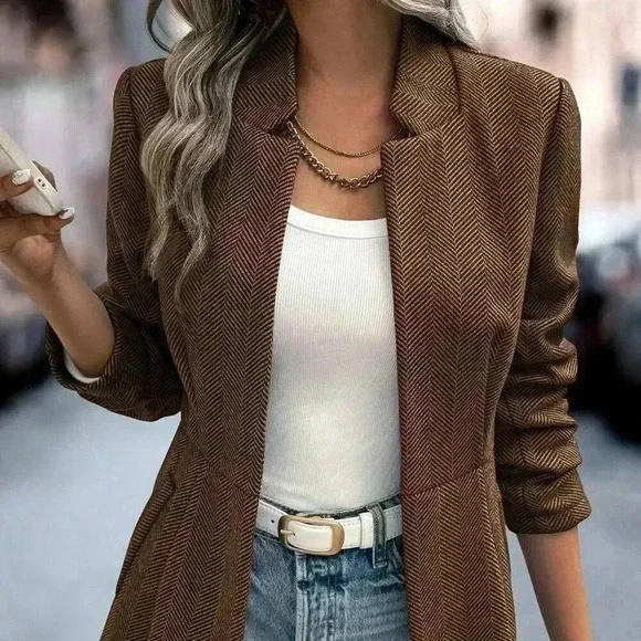 Coffee Brown Casual Women's Herringbone Pattern Long Sleeve Overcoat - Picture 4 of 7